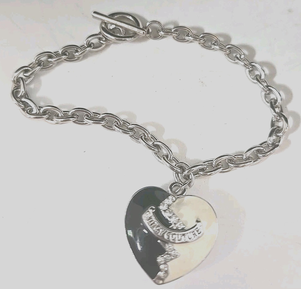 Juicy Couture Y2K Silver Tone Puffy Heart Charm Ying Yang Toggle Bracelet 7 in